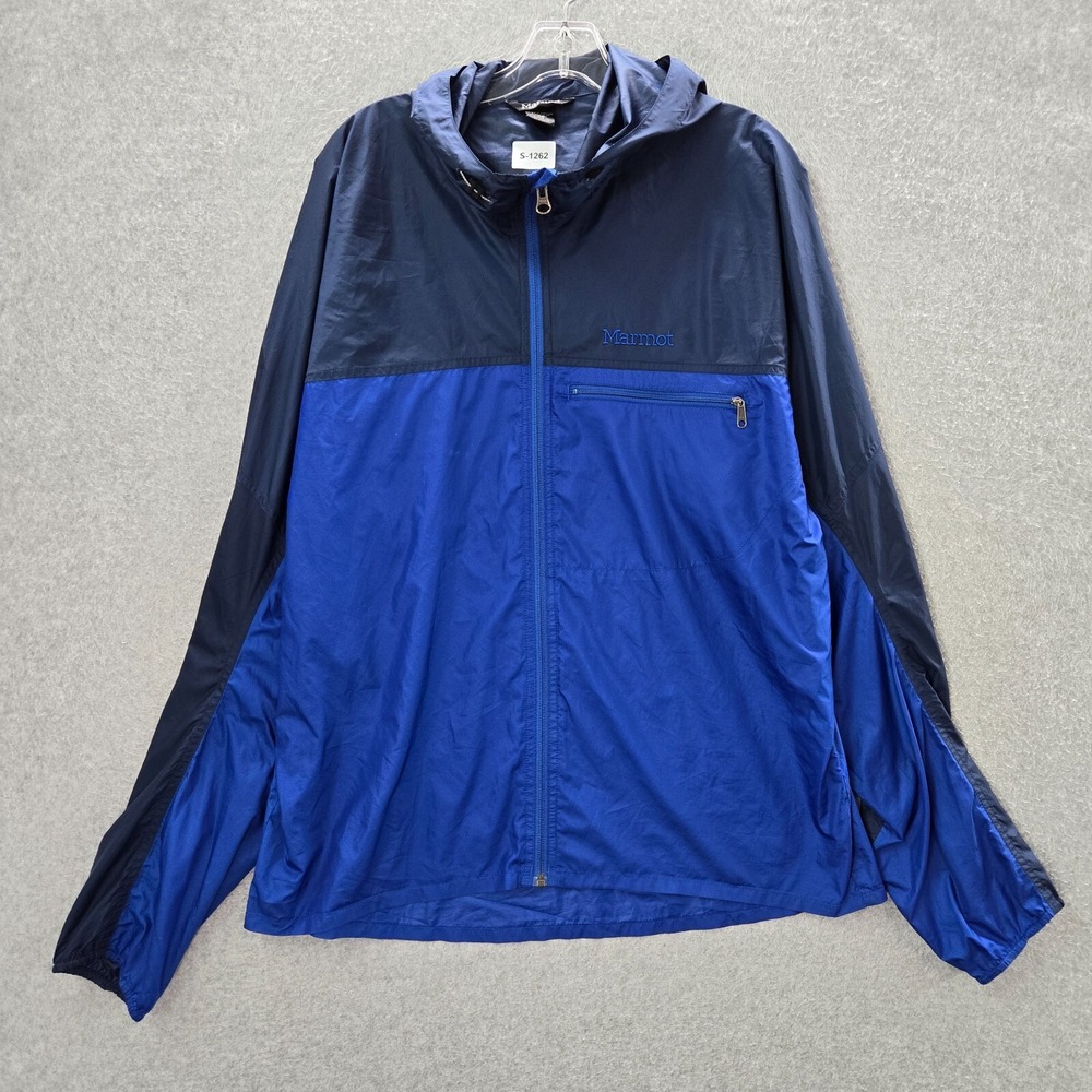 Marmot Men Jacket XL Blue Colorblock Windbreaker Full Zip Pockets Logo Hooded